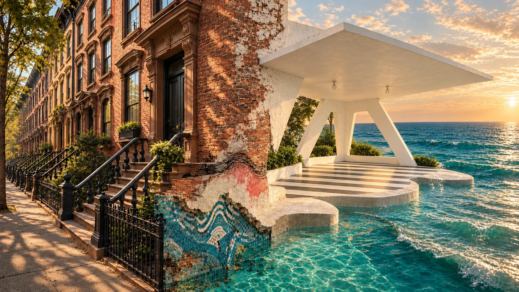 An imagined connection between Brooklyn brownstones, Lapidus-inspired architecture and the ocean